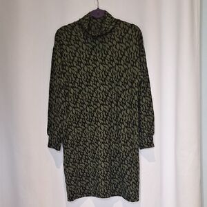 Garnet Hill Olive Green and Black Printed Mock Turtleneck Longsleeve Dress